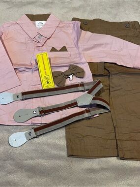 Baby Boy Gentleman Outfit Set Shirt Pants Bow Tie Suspenders, 9-12months